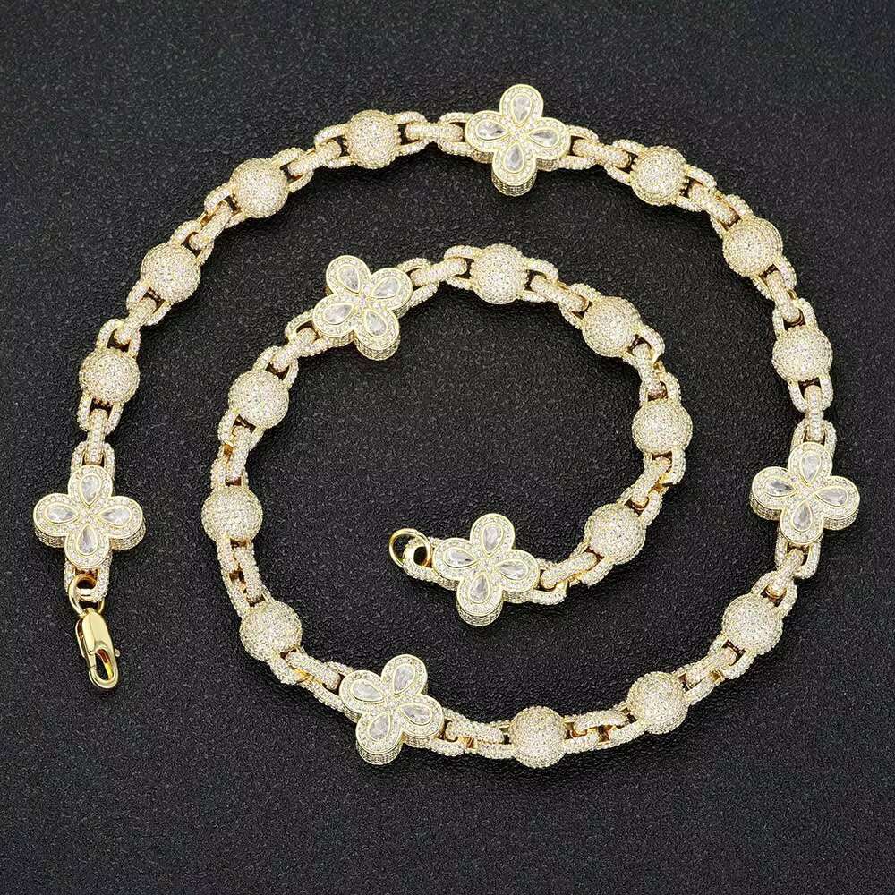 Fashion New Four Leaf Clover Round Ball Bead Necklace Hiphop Customize Moissanite necklace Bead Chain Cuban Link Chain Necklace for Women