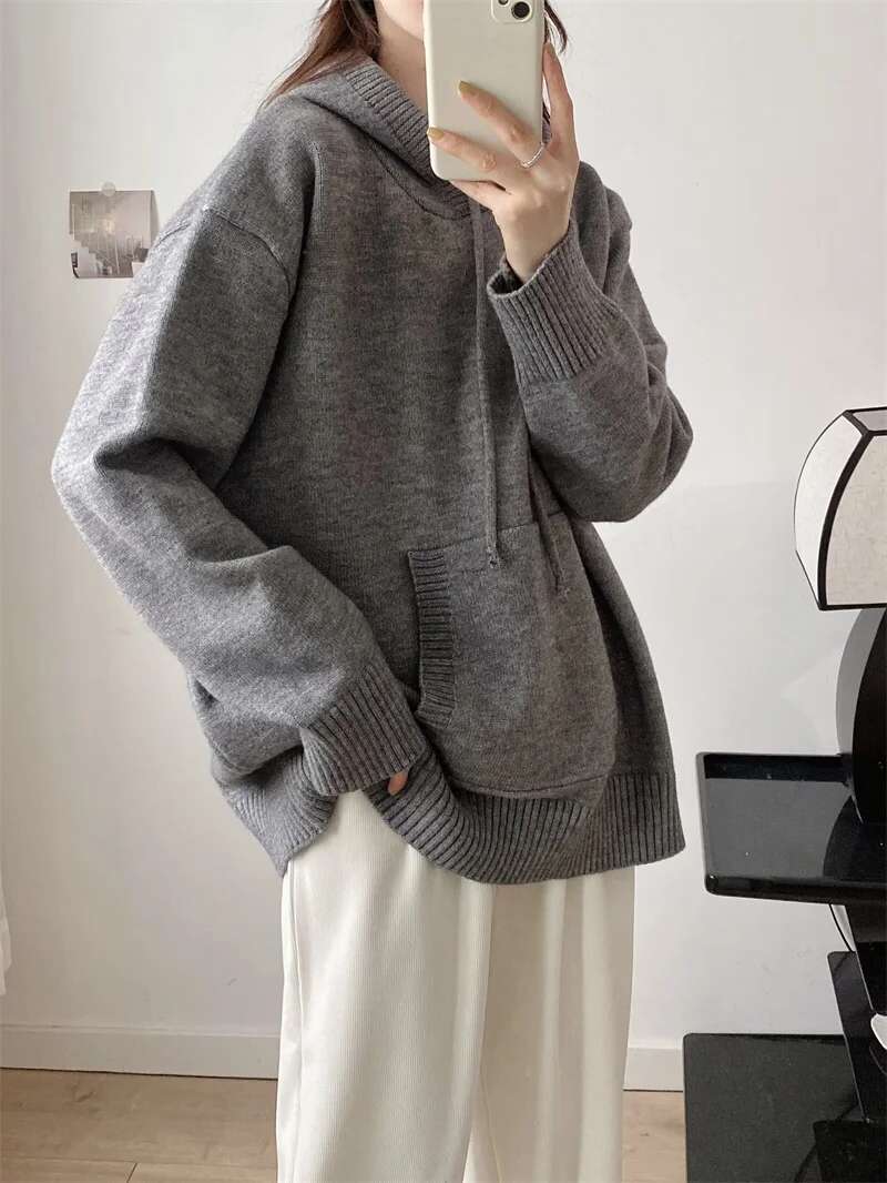 New Launch Women's Dark Ggay Knit Hoodie Unisex Style Winter Thick Pocket Tops Oversize Sweatshirts