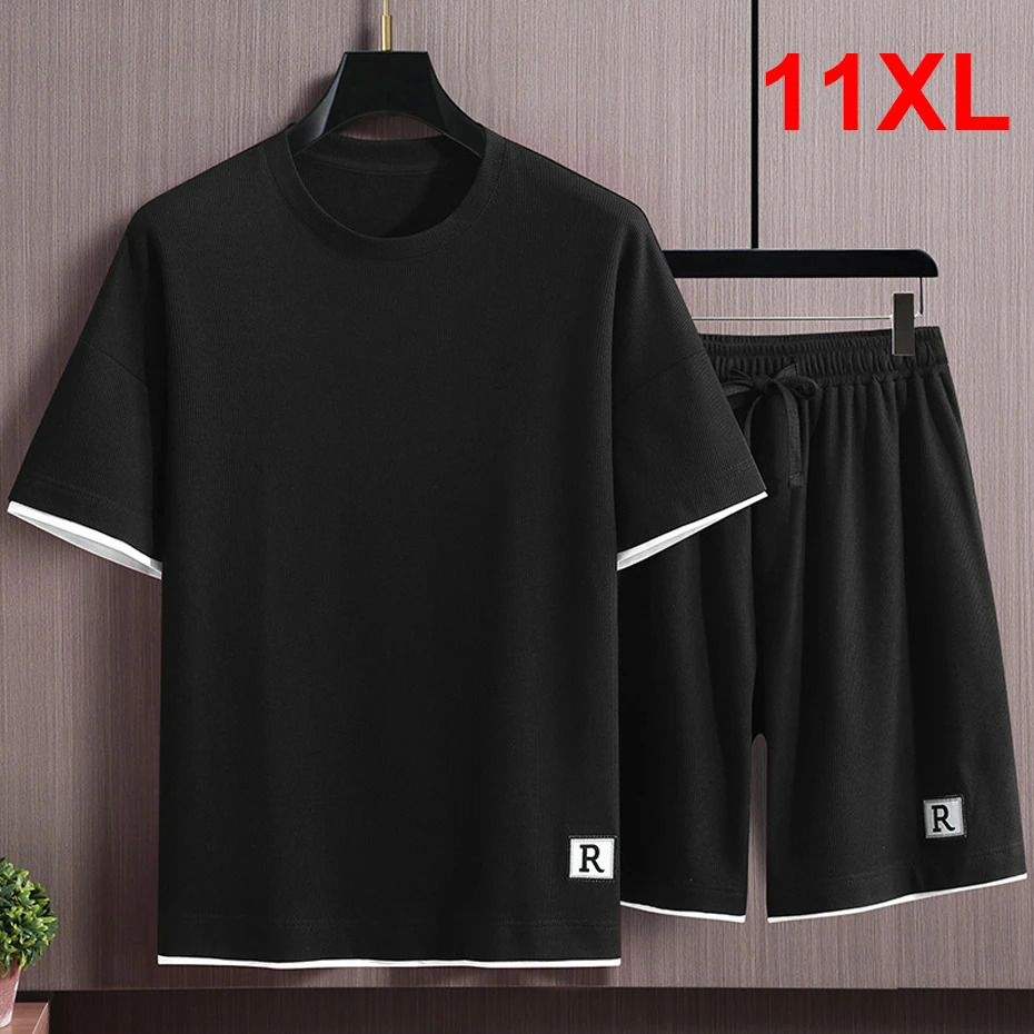 Mens Summer Track and Field Wear Plus Size 10XL 11XL T-shirts Shorts Mens Large Summer Set Black 250324