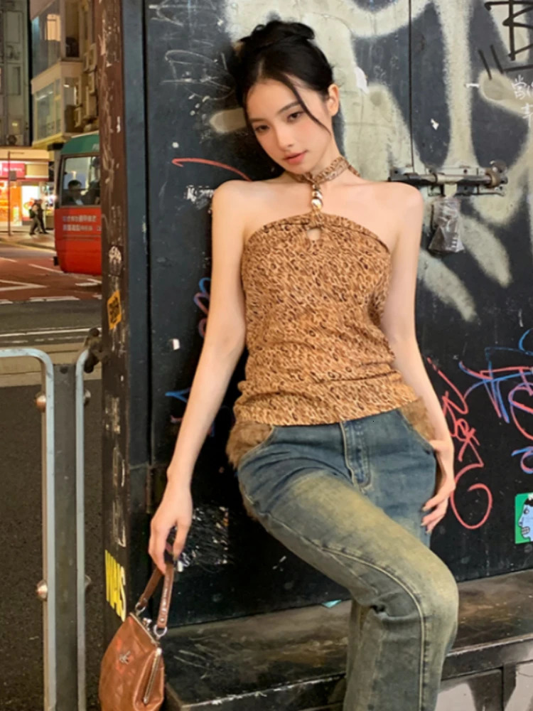 Y2k Aesthetic Hollow Leopard Pattern Sexy Vest for Womens Street Clothing No Back Bandage Vest Harajuku Halter Ultra Thin Suitable for Retro Top 25032