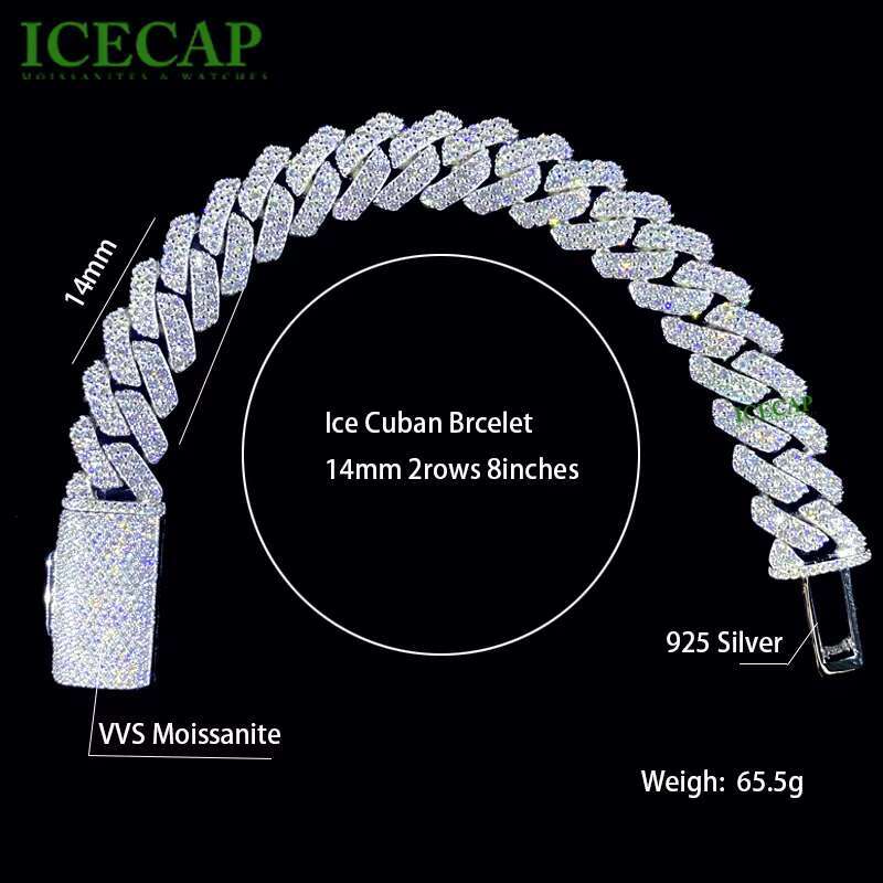 Wholesale Moissnaite Chain Bracelet 925 Silver Cuban Link Ice VVS Moissanite Cuban Bracelet Hiphop 14mm 12mm 10mm Diamond Chain