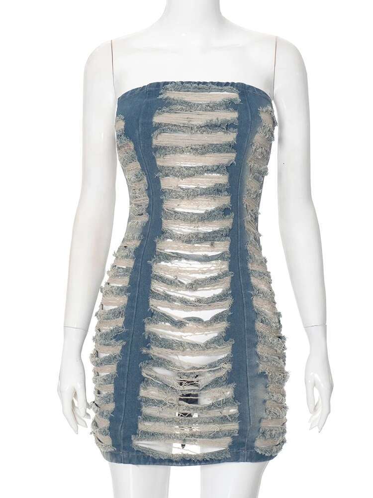 kliou Denim Patchwork Women Mini Dress Classic Pleated Hollow Wrapped Chest Sleeveless Skinny Vestidos y Unique Frock