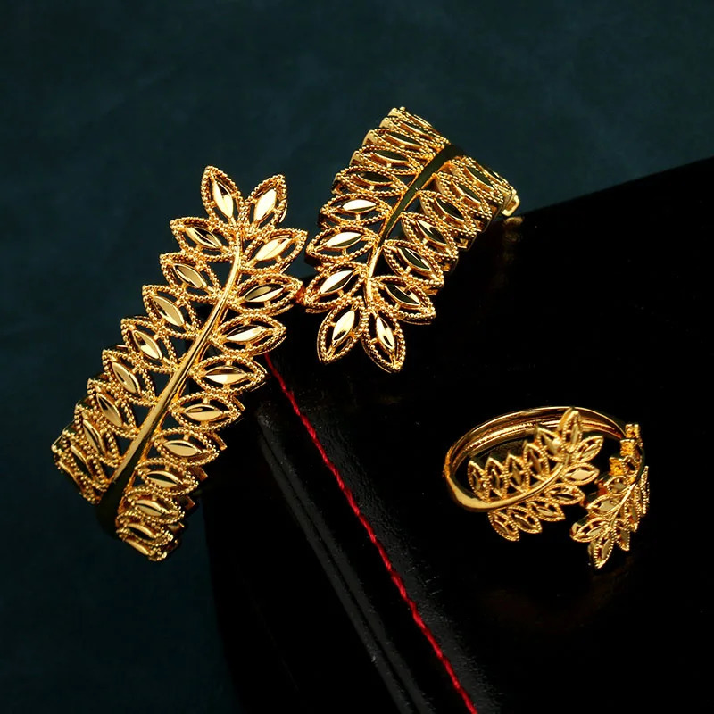 Copper Plating Gold Bracelet Ring Saudi Trendy Bangle Bracelet for Bridal Leaves Cuff Bracelet Arabic Jewelry 250325