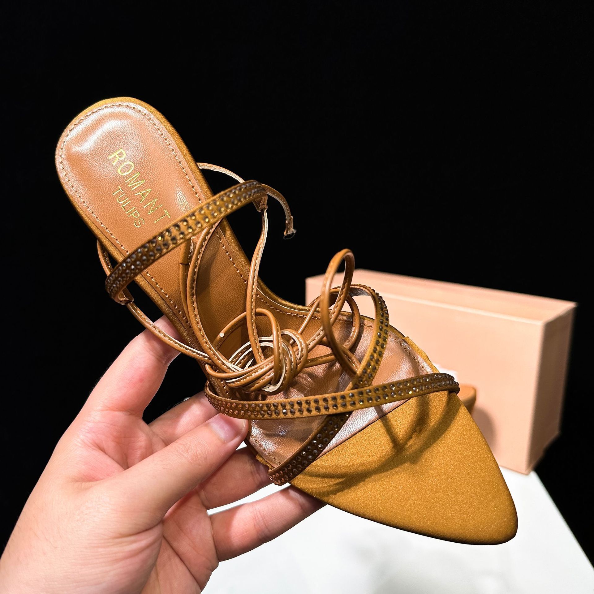 Sharp pointed black diamond sexy style high heels for women in the summer of 2025, cross thin strap open toe high-heeled sandals