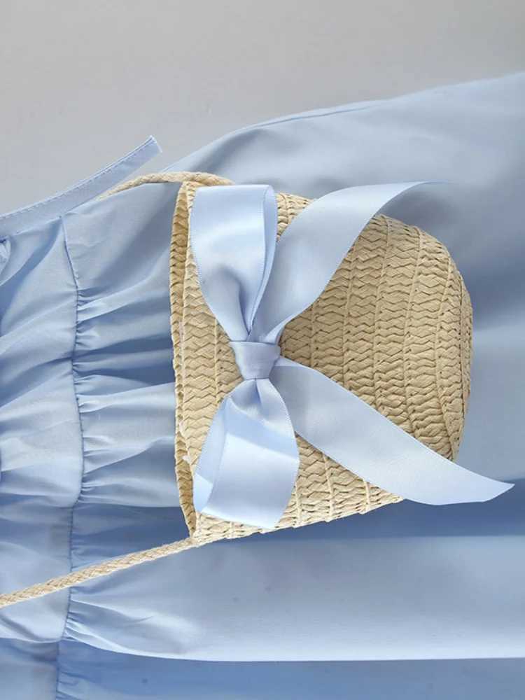 Summer 2025 childrens and girls sleeveless light blue cotton dress with ruffles and Str pockets a soft and comfortable baby girl outfit W250326