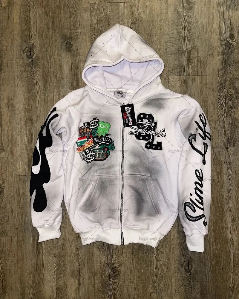 Gothpunk American Street Harajuku Zipper Sweatshirt Personalized Letter Embroidered Clothing Oversized Loose Hoodie Couple 250324