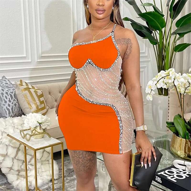 Fashion Diamante Decoration Single Strap Slant Neck Dresses Women Elegant Gala Party Dress Y Wrap Hip Short Gown