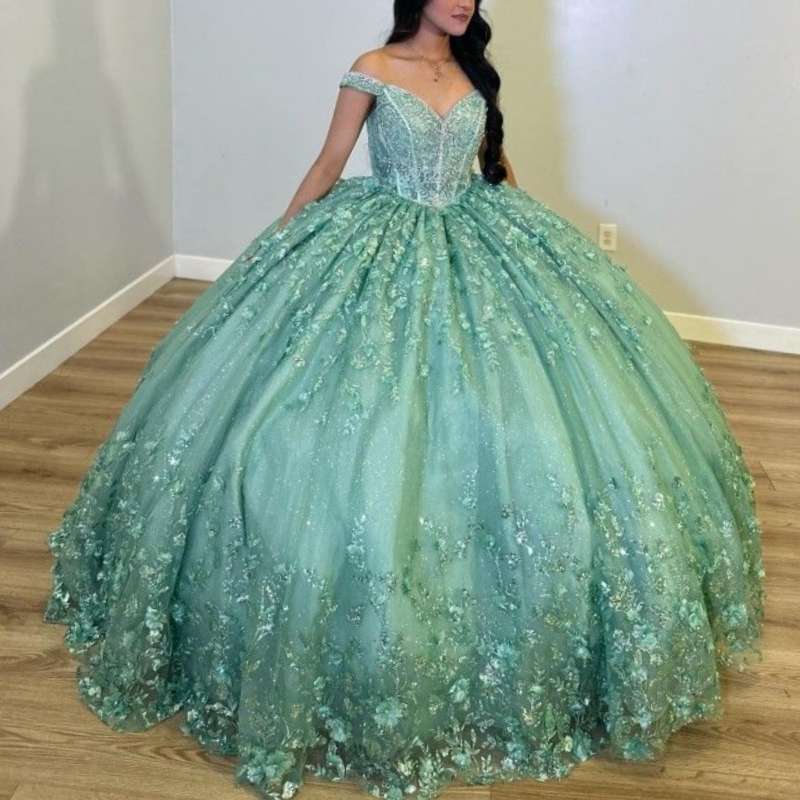 Mint Green Shiny Off The Shoulder Quinceanera Dresses Sequin Applique Lace Beading Tull Vestidos De 15 Anos Birthday Party Corset Ball Gown Sweet 16 D