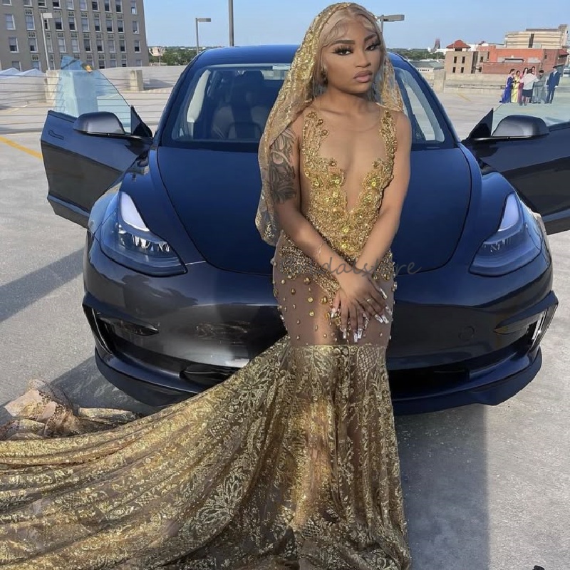 Shine Gold Rhinestone Prom Dress For Black Girls Sparkly African Mermaid Evening Gowns 2025 Bespoke Occasion Party Diamond Formal Birthday Vestio De F
