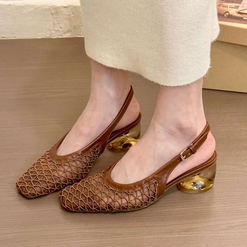 2025 Summer New Mesh Eye Heel Sandals Square Toe Women's Shoes Elegant Designer Fashion High Heels Designer Slippers Ball Comfortable Trendy Shoe