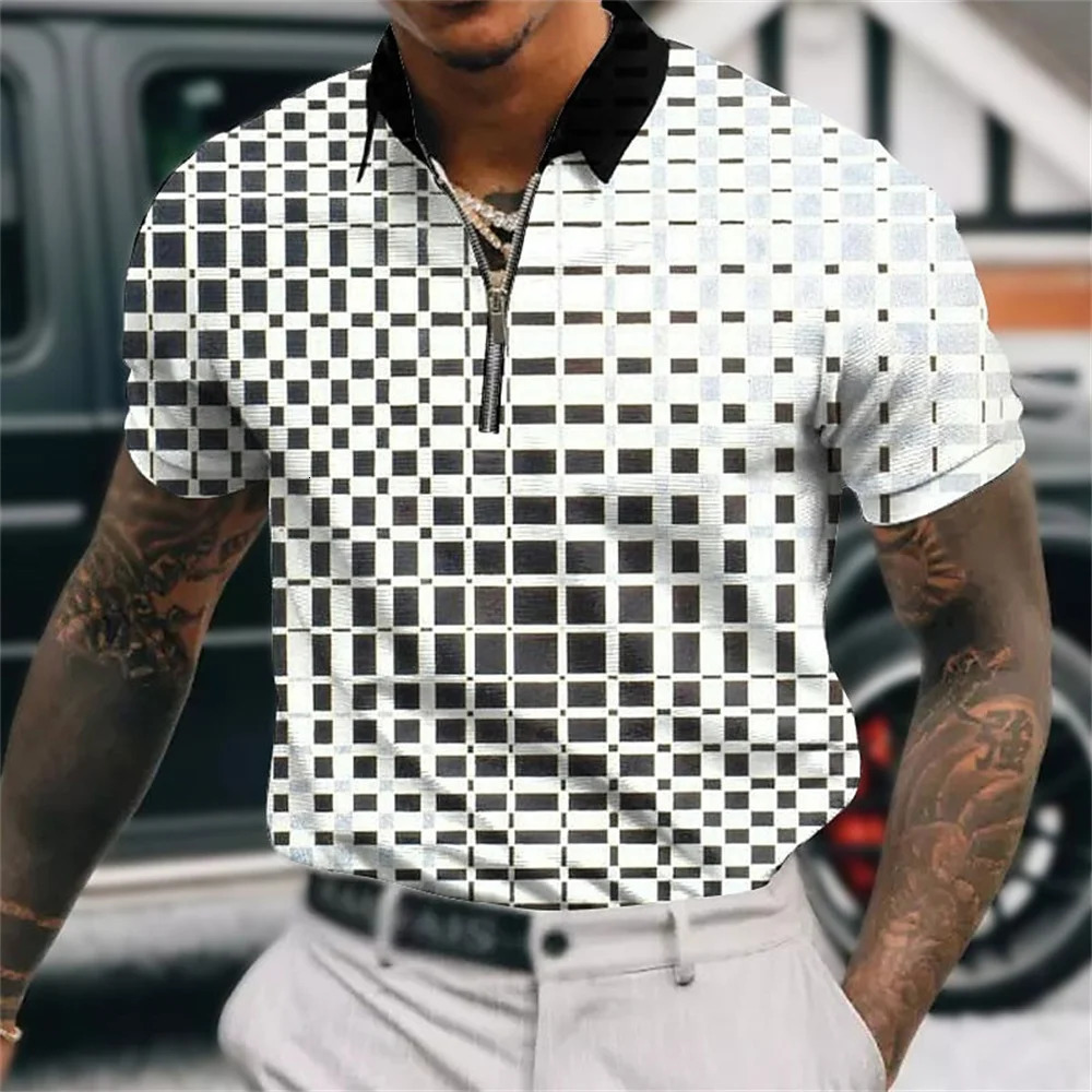 Mens polo shirt plain zipper summer short sleeved casual golf street top fashionable mens clothing 250326