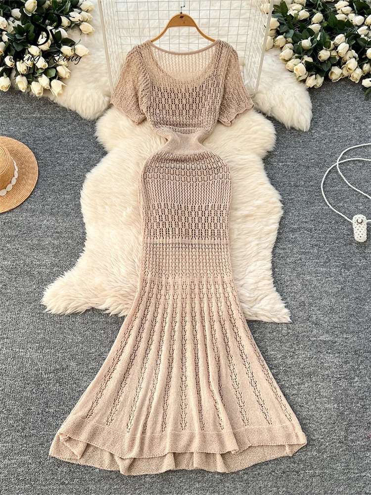 SINGREINY Vacation Style Casual Dress Suits Solid Strap Short SundressKnitting Hollow Out Long Dress Korean Women Beach Sets 250324