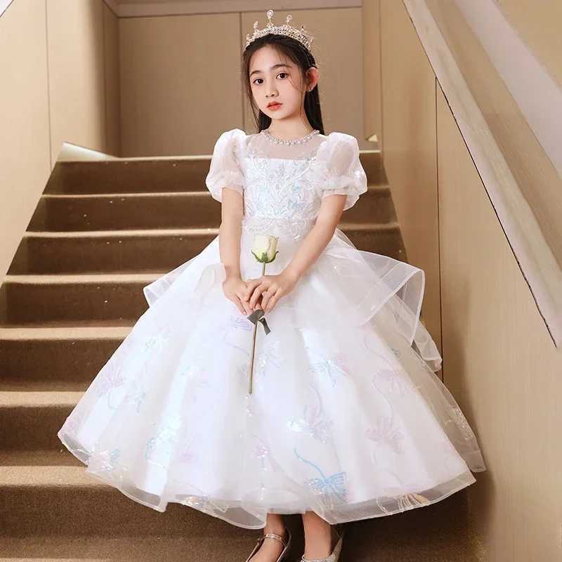 High end floral girl dress with elegant puff sleeves childrens high-dimensional Vestidados princess sequin wedding Christmas Par dress W250326