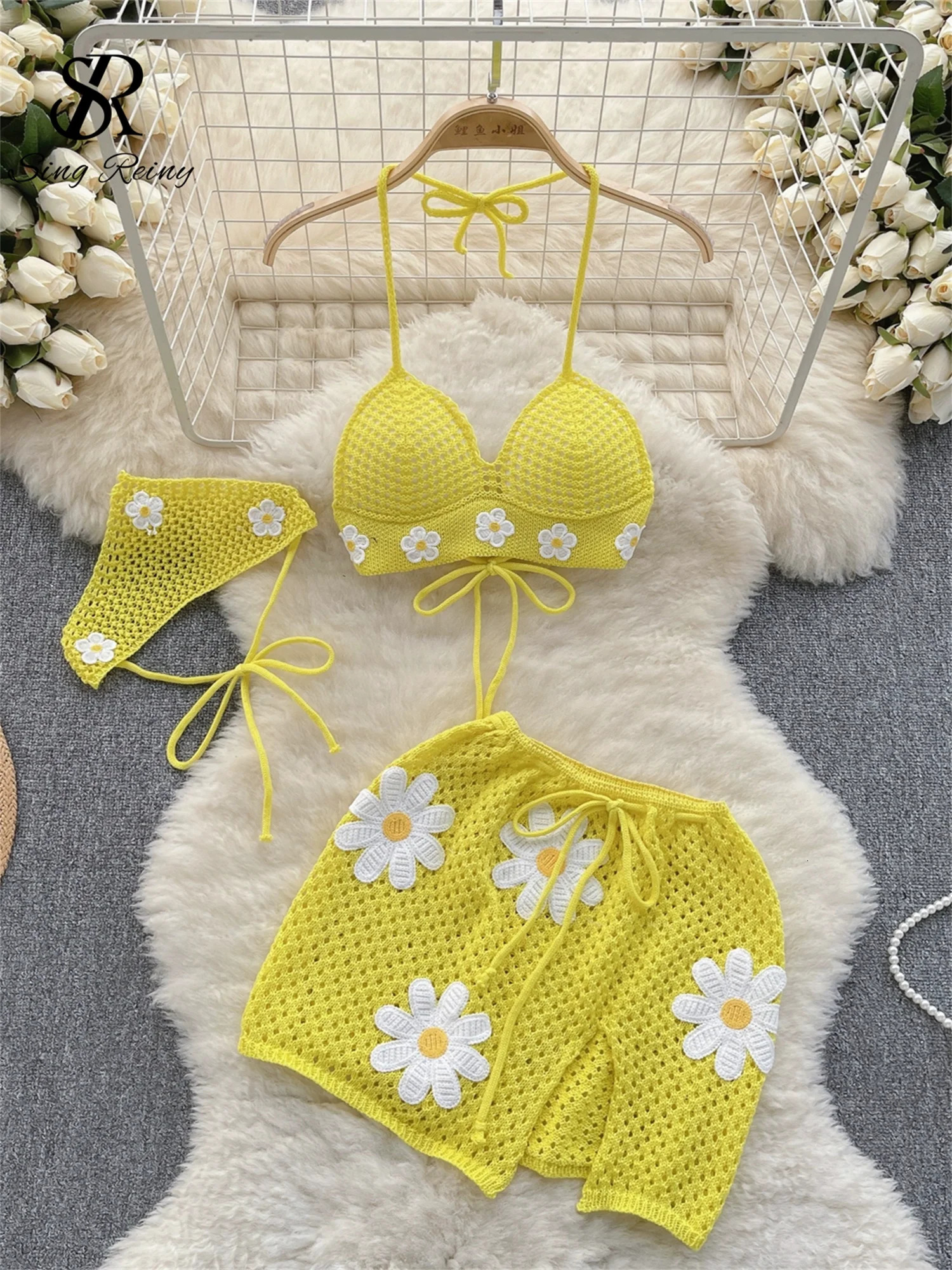 SINGREINY Korean Hollow Out Knitted Suits Women Halter Lace Up Bow Backless Tank TopDrawstring Split Mini Skirt Two Pieces Sets 250324