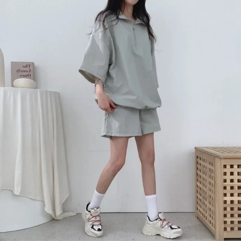 Short Sleeve Shorts Women Clothes Two-Piece Set Plus Size Turtleneck Zip-Up Spring Summer Fashion Casual Sweatshirt Set Loose 250320