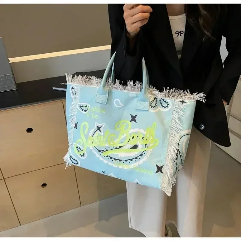 Basic Style Tassel Canvas Womens Shoulder Bags Interior Pocket Fashion Large Capacity Pattern High Quality Handbags 250321