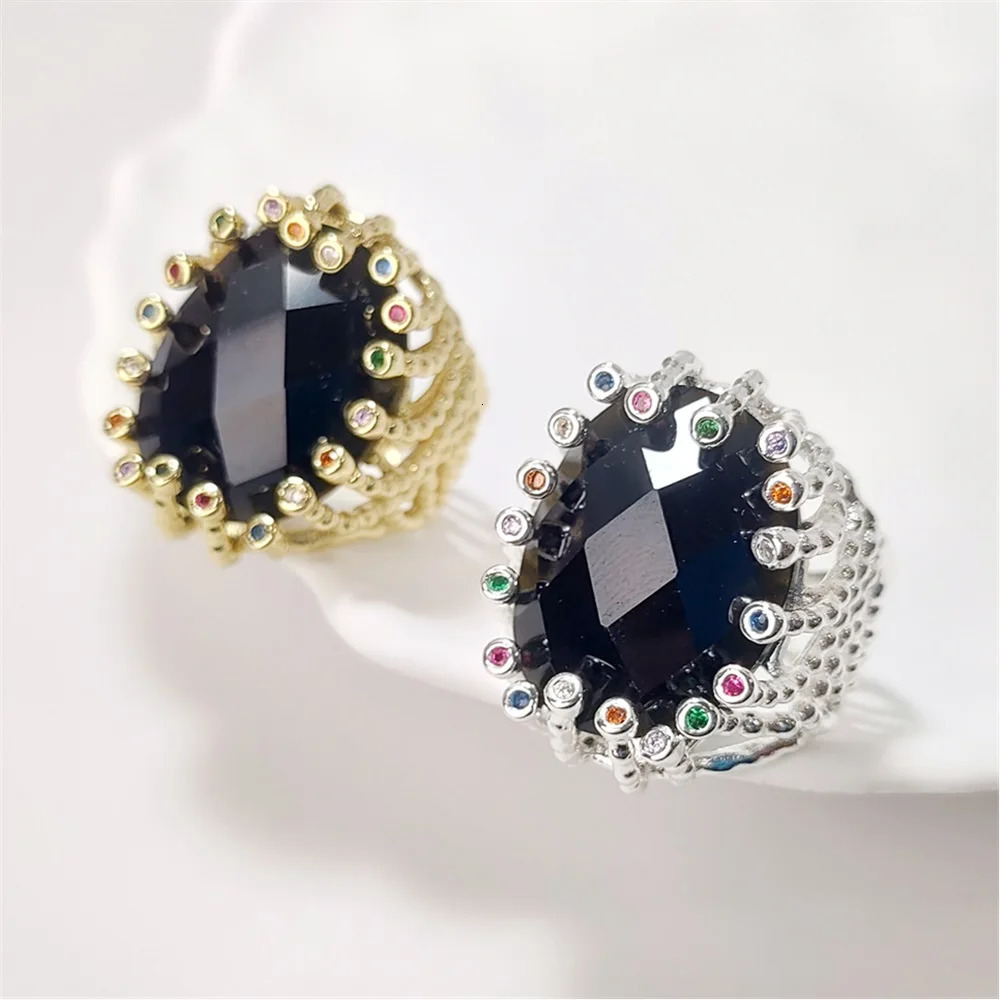 FUWO wholesale 5pcs natural obsidian ring gold/silver plated colored zircon crystal ring suitable for womens jewelry RG057O 250322