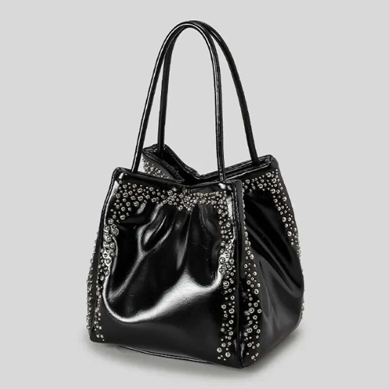 Fashion Retro Bucket Rivets Studs Tote Women Box Handbag Casual Shoulder Fold Bag Shopping Crossbody Female Purse