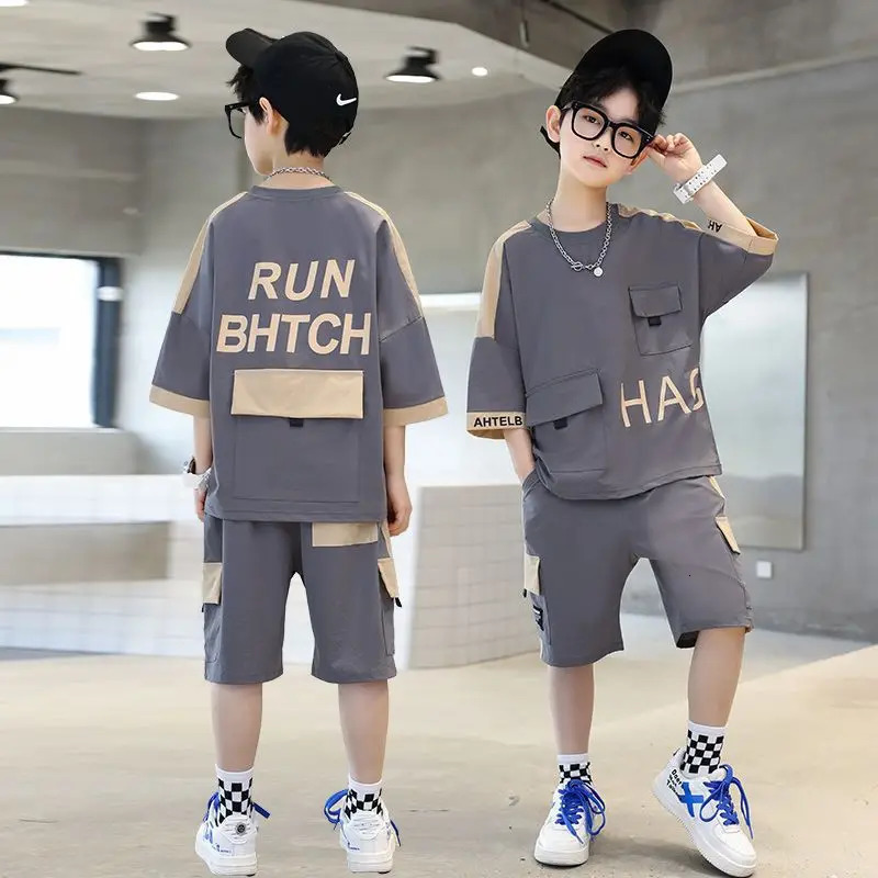 Summer Teenage Boy Short Sleeve Clothes Set Children Letter Print Top and Bottom 2 Pieces Suit Kid T-shirts Shorts Tracksuit 250326
