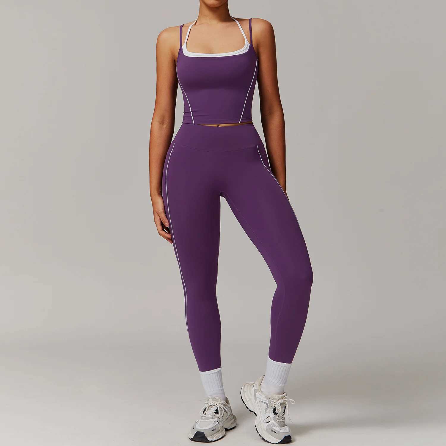 2PCS Womens Yoga Set Gym Fitness Training Track Yoga Sportswear Flared Trouser and Thin Shoulder Strap Stretching Sports Bra W250326