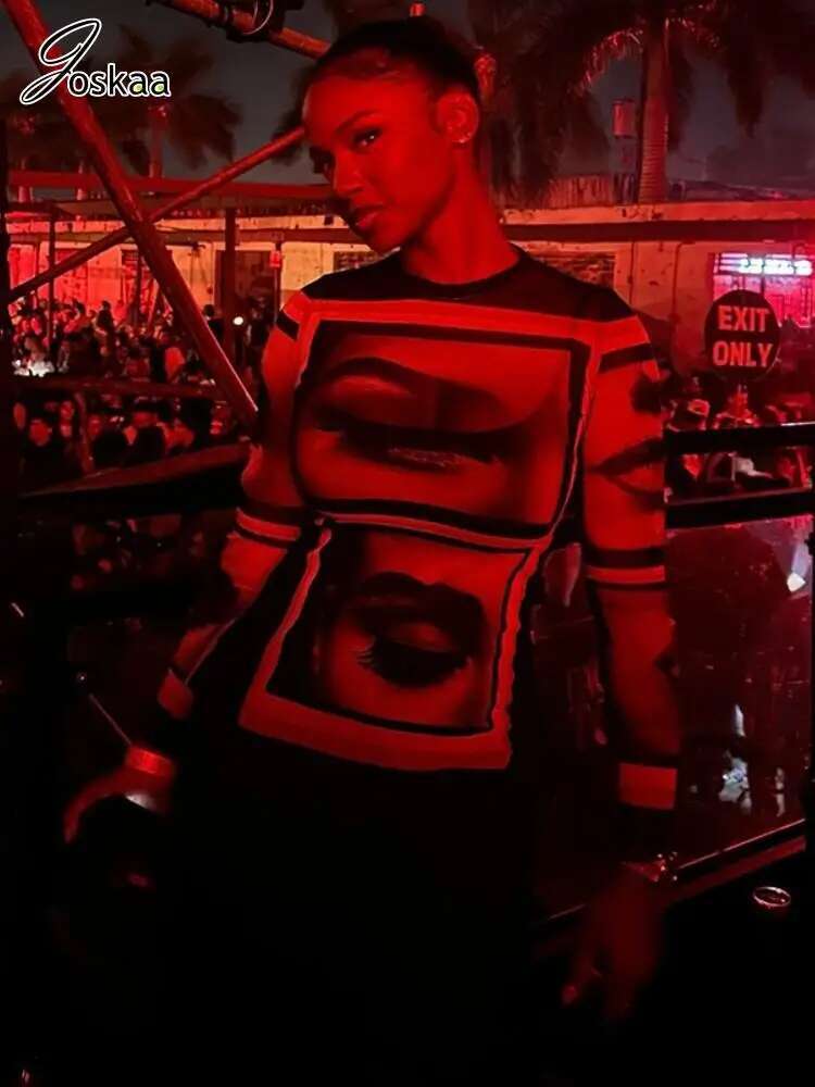 Joskaa Abstract Print Sheer Mesh Y2K T-Shirts Women Hipster O-Neck Full Sleeve Tops 2025 Summer Graphic Tees Midnight Clubwear