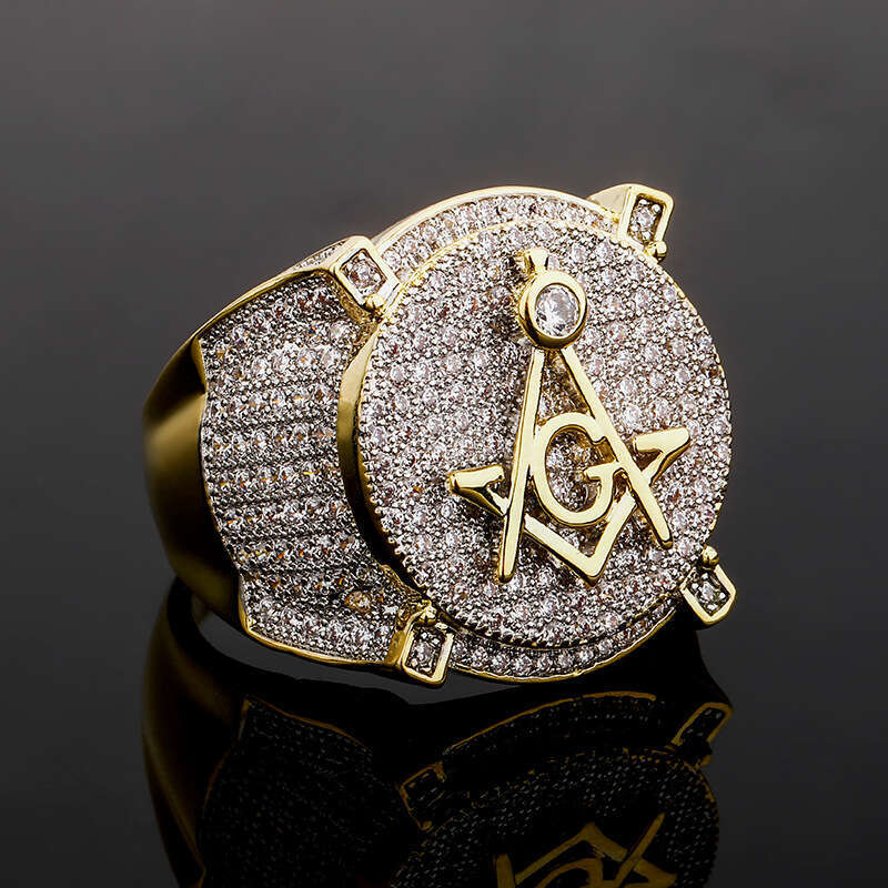 Jin'ao Jewelry AG Freemason Letter Ring, Genuine Gold Plated with Zircon, Personalized Hip Hop Male Ring
