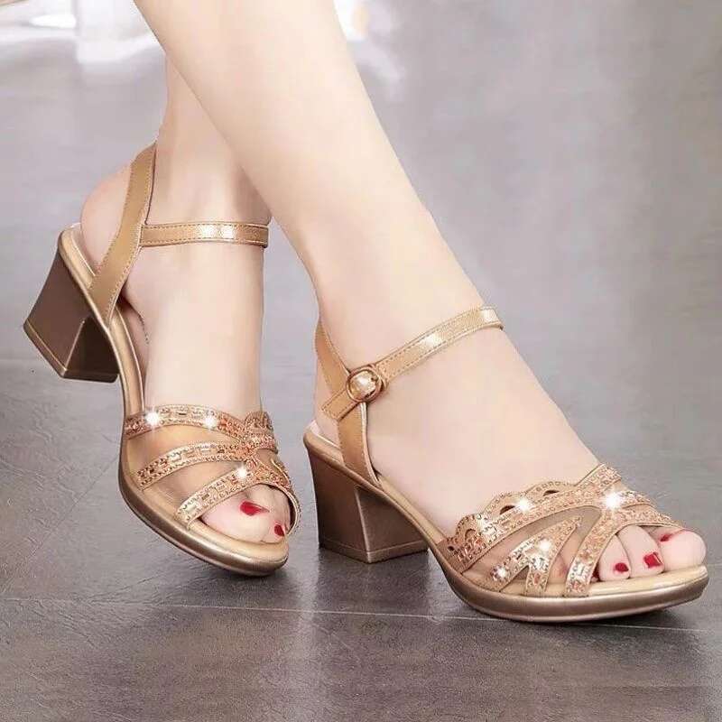 2025 Summer New Open toed Women's Designer Fashion Thick Heel Shoes with Mesh Black Party Buckle Fish Mouth Elegant Sandals