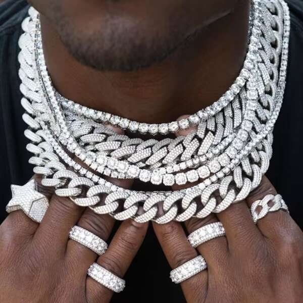 Iced Out Vvs Moissanite 2 Rows Miami Gold Cuban Chain Necklace 925 Sterling Silver Diamond Moissanite Cuban Link Chain
