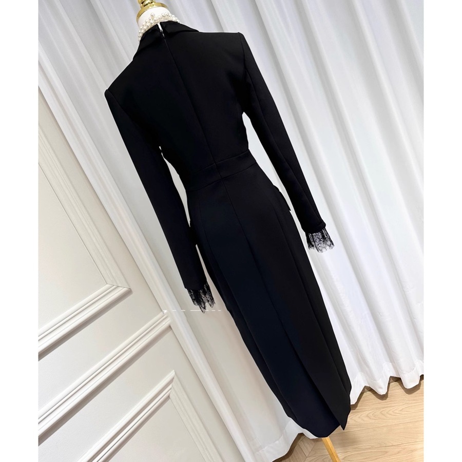 British black high-end temperament women's lace V-neck lapel single breasted mid length slit suit skirt