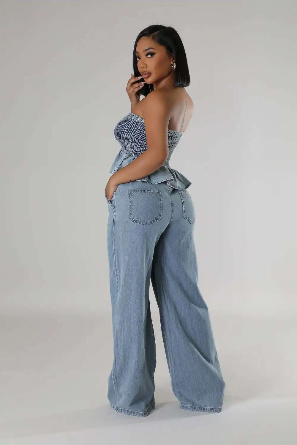 Jeans Wide Leg Pants Outfit Sexy Women Two Pieces Elegant Denim Club Matching Set Ruffles Top+Trousers