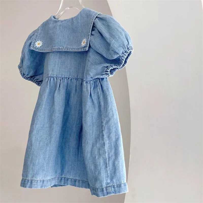 New Summer Girl Dress Campus Dress Flower Embroidered Collar Ruffle Dress Childrens Girls Bubble Short Sleeve Girls Cowboy Dress W250326
