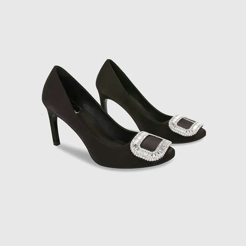 2025 Satin Pumps Slim Heel For Women Buckle Rhie Heels Red Wedding Round Head Professional Work Shoes