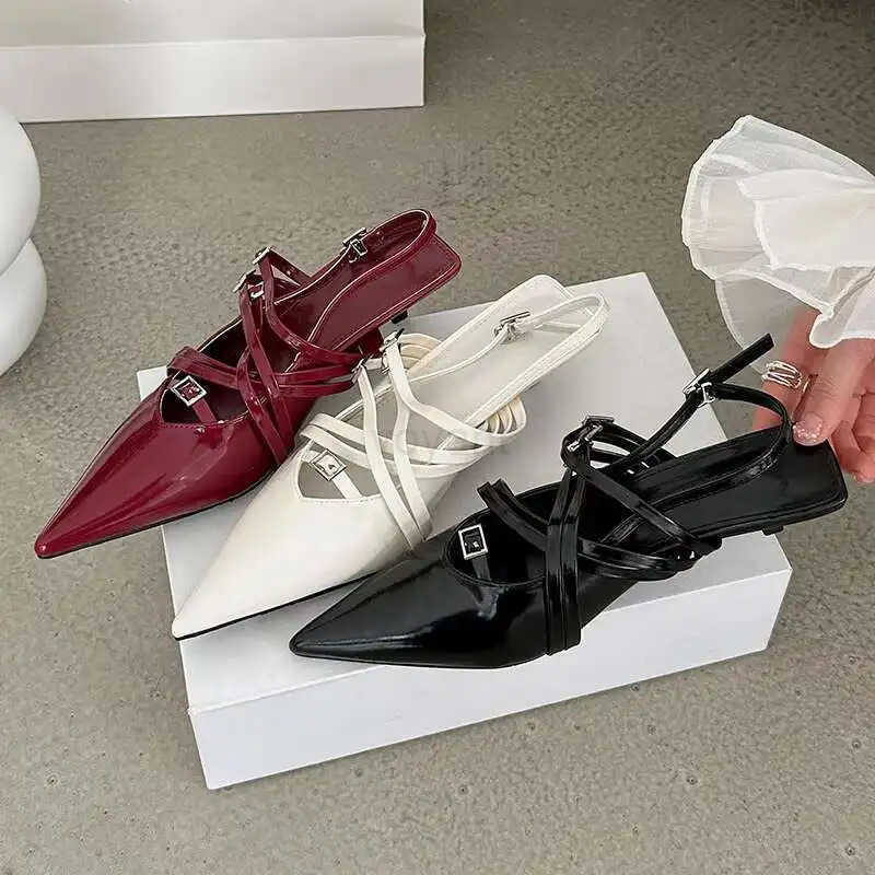 Red Fem Pointed Toe Footwear Sexy Par Ladies Heeled Sandals Shoes Fashion Buckle Strap Wen Low Heel Sandals Shoes Z250326