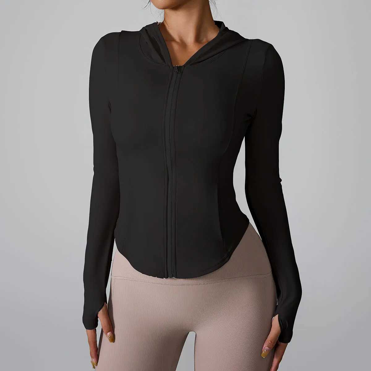 2024 European and American new sports jacket hooded running and fitness suit zipper yoga long sleeved jacket W250326