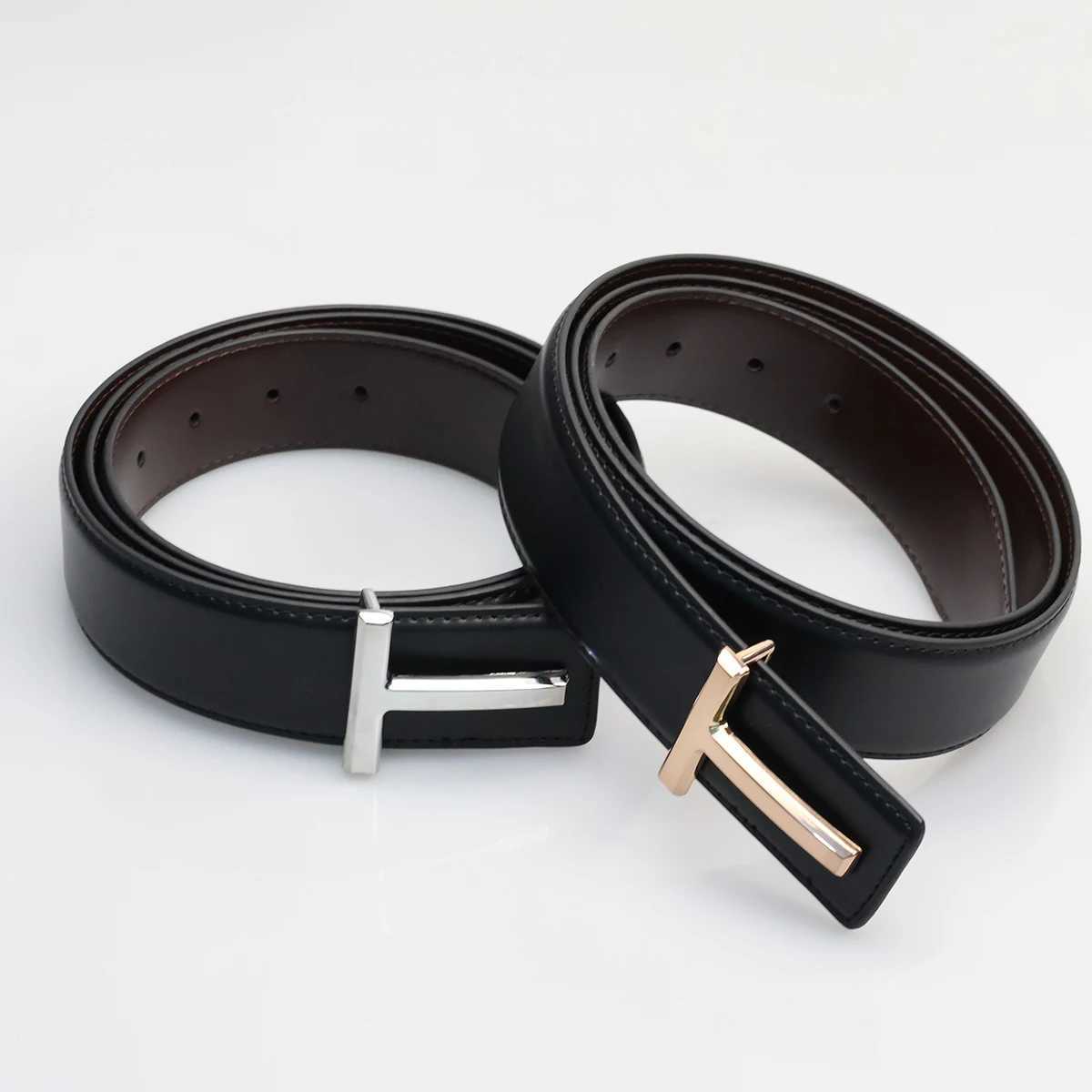 Business alloy letter buckle mens casual leather strap mens high-quality double-layer denim strap W250326