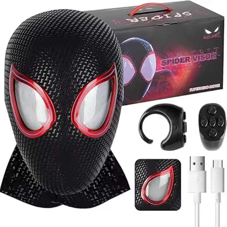 Remote control spider moving eyes superhero helmet Halloween role-playing mask with LED lights Y250325