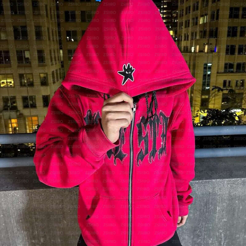 Hip Hop Gothic Style Cardigan Hooded Y2k Harajuku Hot Stamping Diamond Personalized Letter Printed Sweatshirt