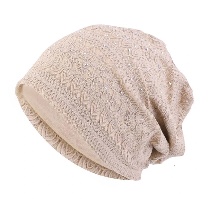 Crystal Lace Beanies Hat Women Slouchy Knit Hats Flower Headscarf Cap Ladies Comfortable Fashion Skullies Turban Hair Cover 250321