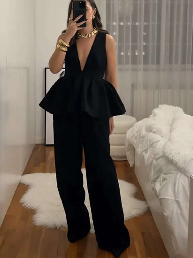 Ruffled Hem Tank Top Pants Sets Women Deep V-neck Sleeveless Zipper Chic Vest Tops High Waist Loose Harem Trousers Suits Female