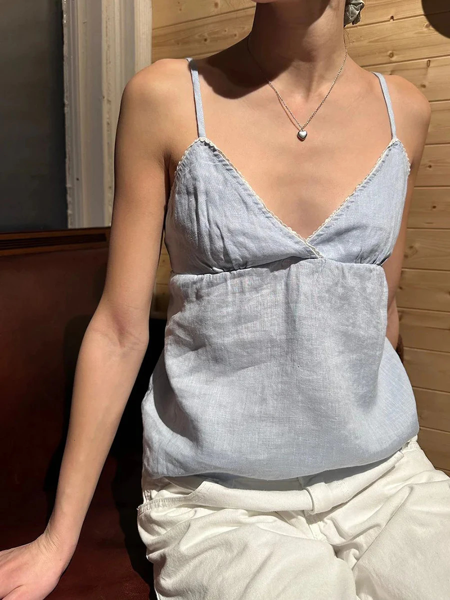 Lace Trim Linen Sweet Crop Top Woman Summer Sleeveless V-neck Back Lace-up Solid Vest Solid Simple Y2k Tank Tops Casual Camisole 250321