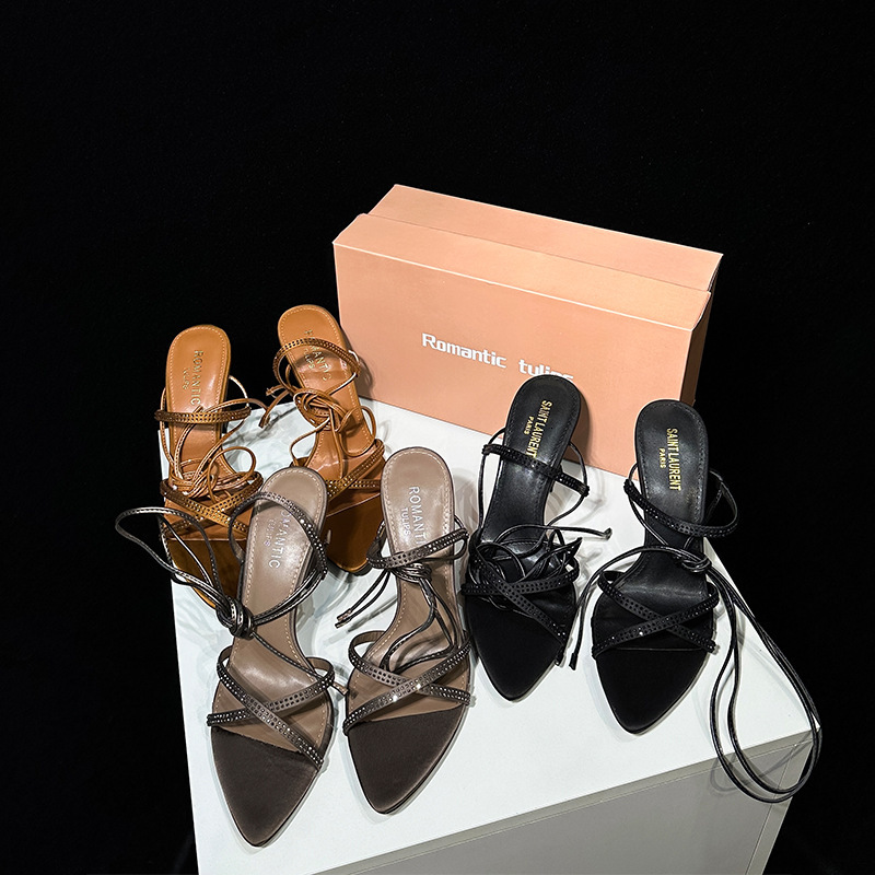 Sharp pointed black diamond sexy style high heels for women in the summer of 2025, cross thin strap open toe high-heeled sandals