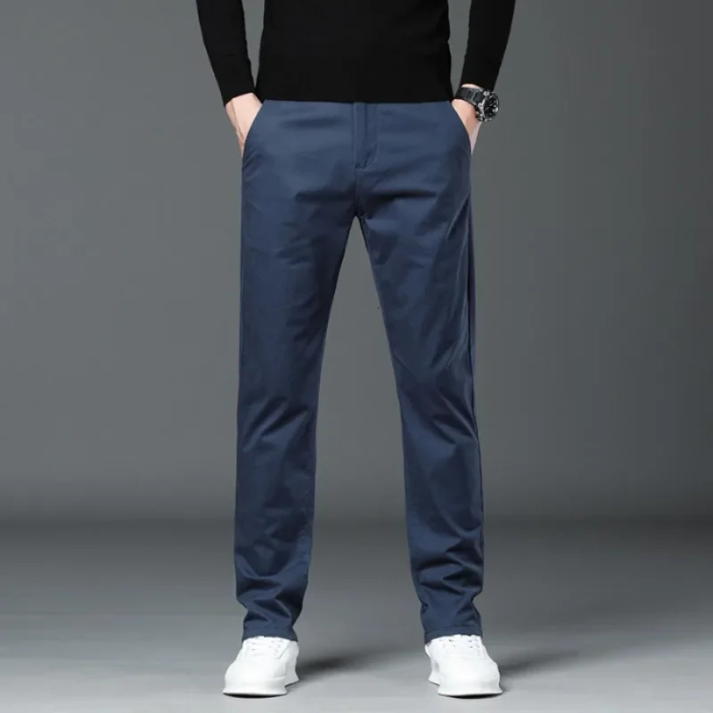 Autumn mens casual pants fashionable straight 97 cotton soft business ultrathin elastic khaki royal blue 250326