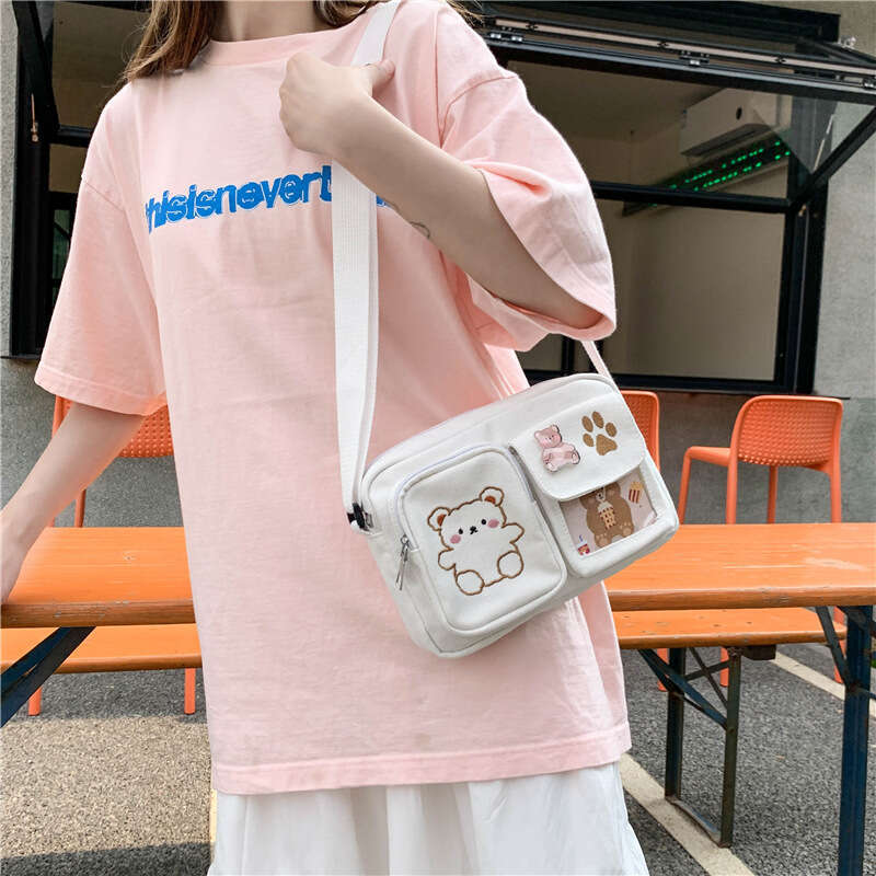 Canvas small ins antique, cute, funny and personalized embroidered bear student transparent crossbody bag