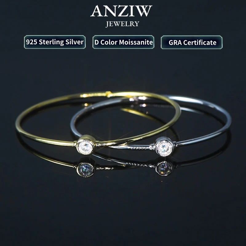 Anziw Simple Bangle 925 Silver 5mm 0.5ct D Color Bezel Bangles 14K Gold Plated Hollow Tube Bracelet for Women Jewelry 250318