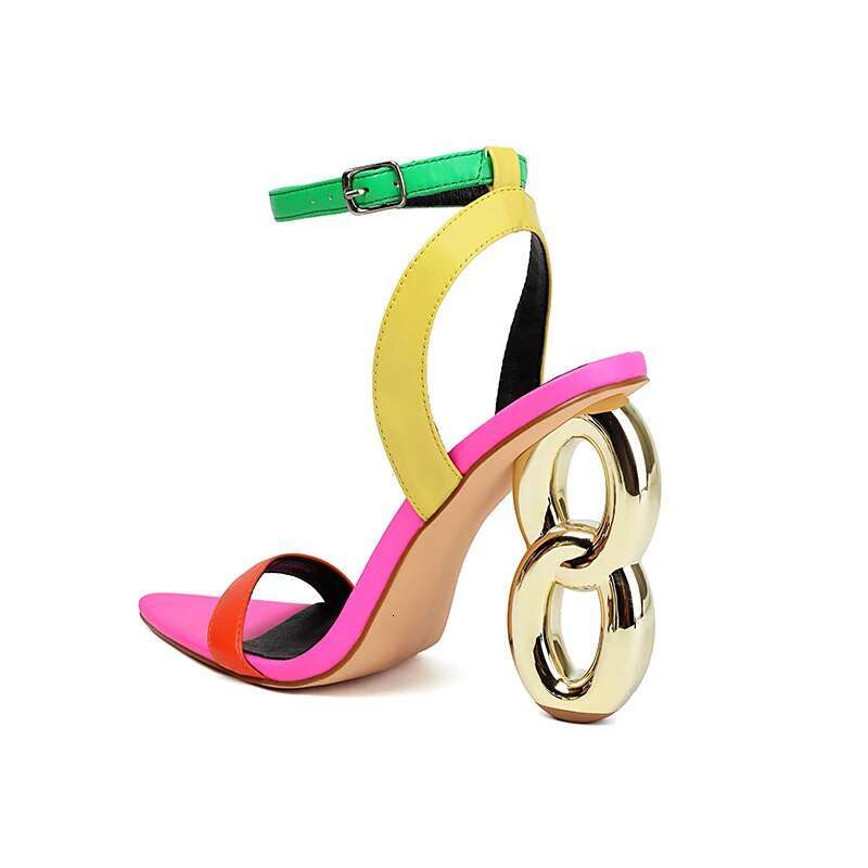 Kcenid New Mixed Colors Hollow Out Strange Heels Gladiator Sandals Women Pointed Toe Ankle Strap Pumps Wedding Party Prom Shoes