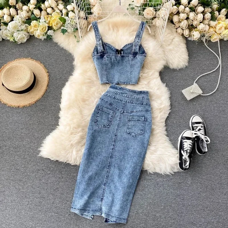 denim 2 piece set women korean outfits summer top and skirt two piece set elegant fashion midi skirt in matching dress 250325