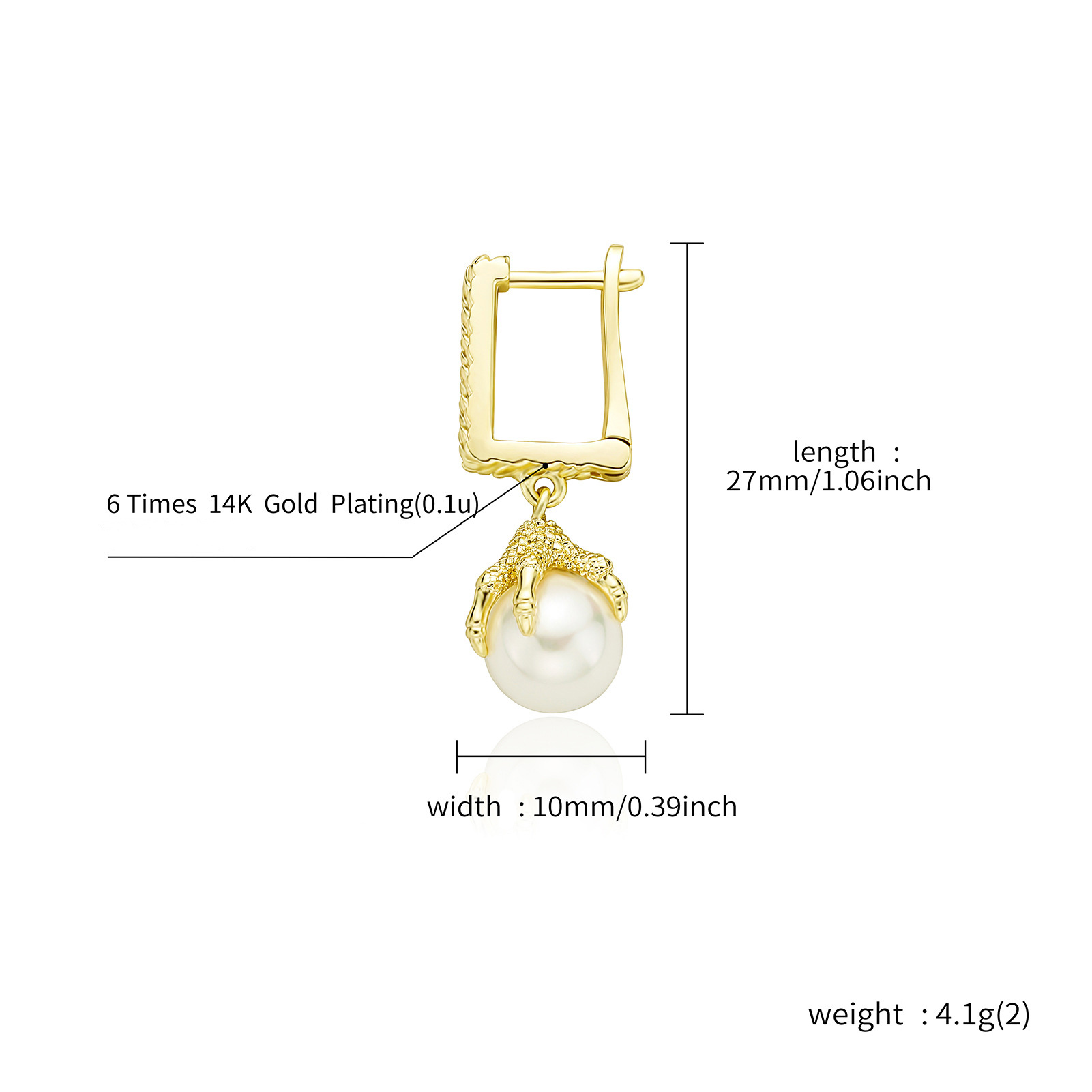 Hip Hop TopBling Chinese Dragon Claw Hoop Earrings Pearl Earring 14K Gold Plated Jewelry