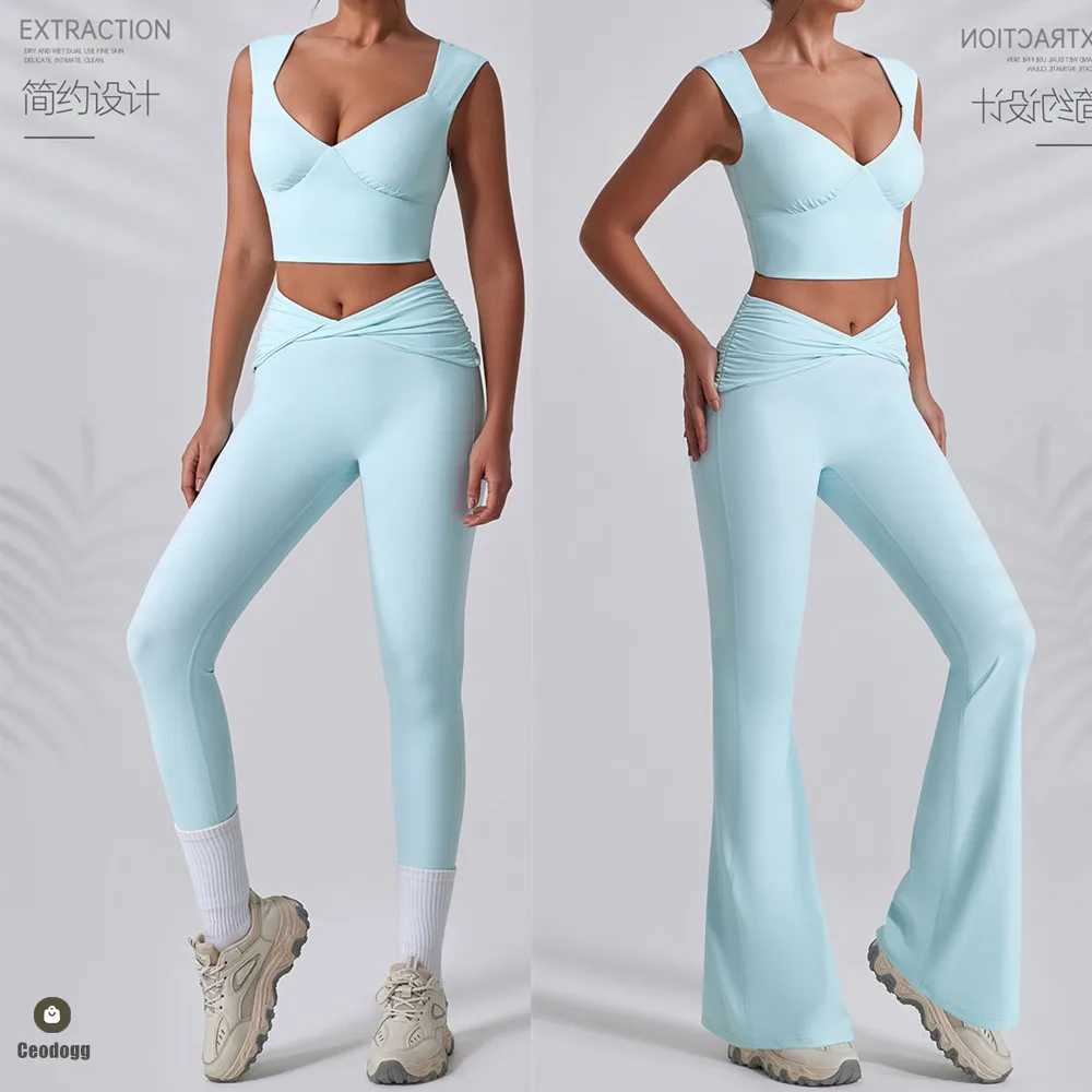 /2PCS womens yoga set exercise pants set fitness sportswear gym track and field wear high waist flash leg sports bra sportswear W250326