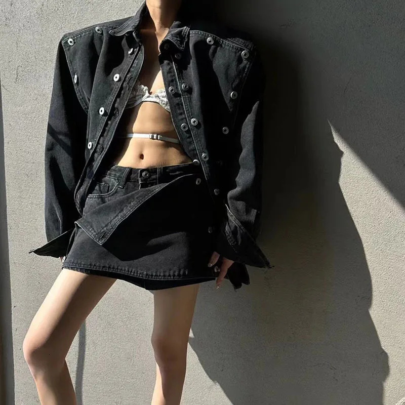 Spring Fashion Ladies 2 Pieces Set Long Sleeve Double Breasted Jean Jackets Mini Shorts Skirt Vintage Women Denim Set 250325