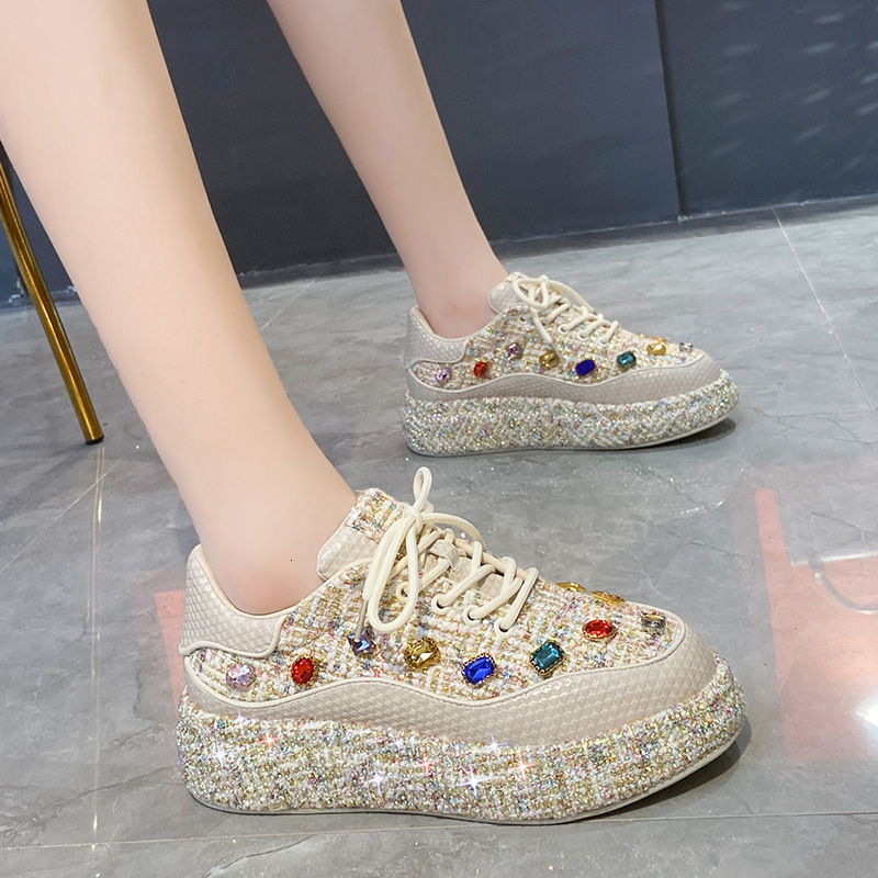 2025 European Style Summer New Light Luxury Breathable Single Shoe Thick Sole Casual Sports Rhinestone Mesh Shoes Women s Height Increasing Fashionabl
